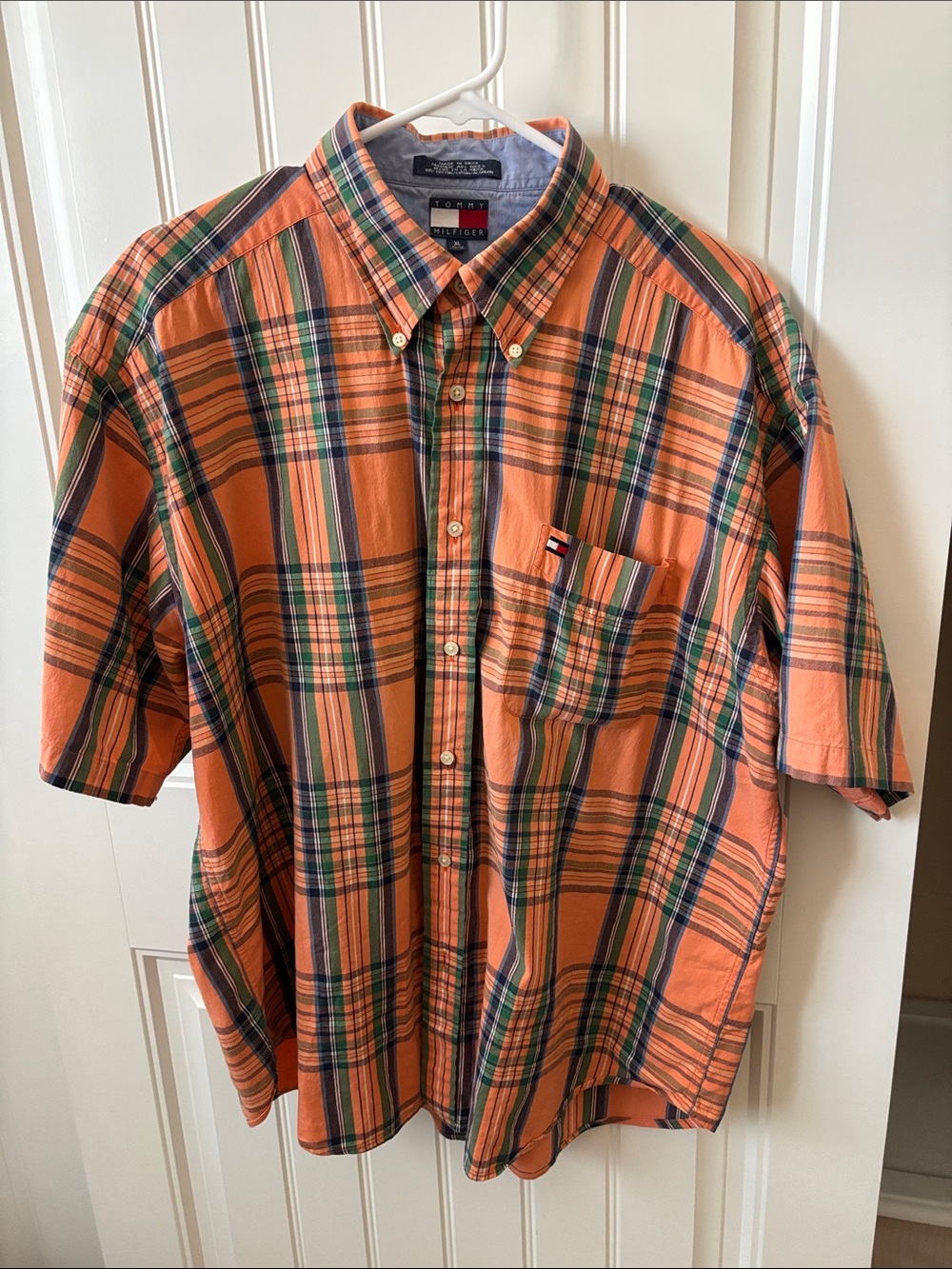 Tommy Hilfiger Orange and Navy Plaid Short-Sleeve Button-Down Shirt